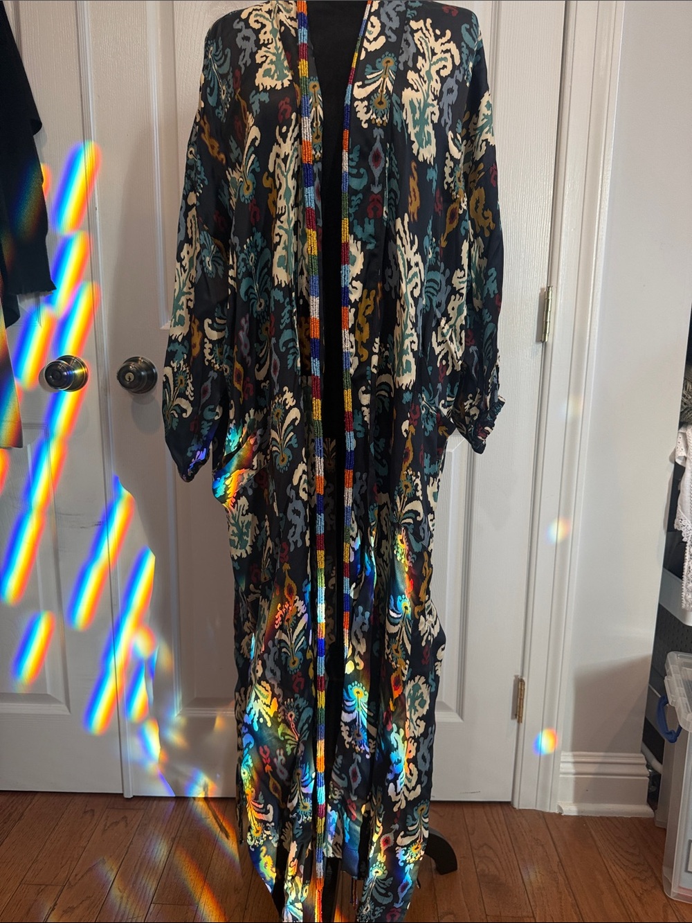Zara Black Maxi Coat with Teal, Cream & Mustard Paisley Motif